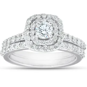 1 1/10Ct Cushion Halo Diamond Halo Engagement Wedding Ring Set 14k White Gold