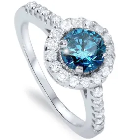 1 1/2ct Blue & White Diamond Halo Engagement Round 14K White Gold