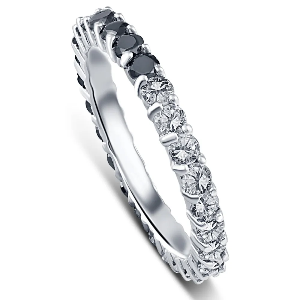 1 1/4Ct Black & White Diamond Eternity Stackable Wedding Ring 10k White Gold