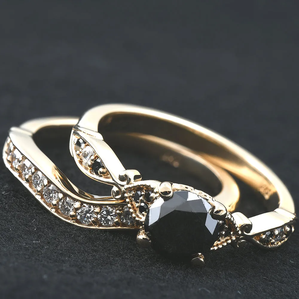 1 3/4 Ct Black & White Diamond Engagement Wedding Ring Set 10k Yellow Gold