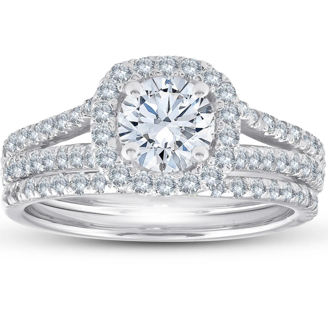 Stunning 1.75 Ct Diamond Cushion Halo Engagement Ring and Wedding Band Set in White Gold