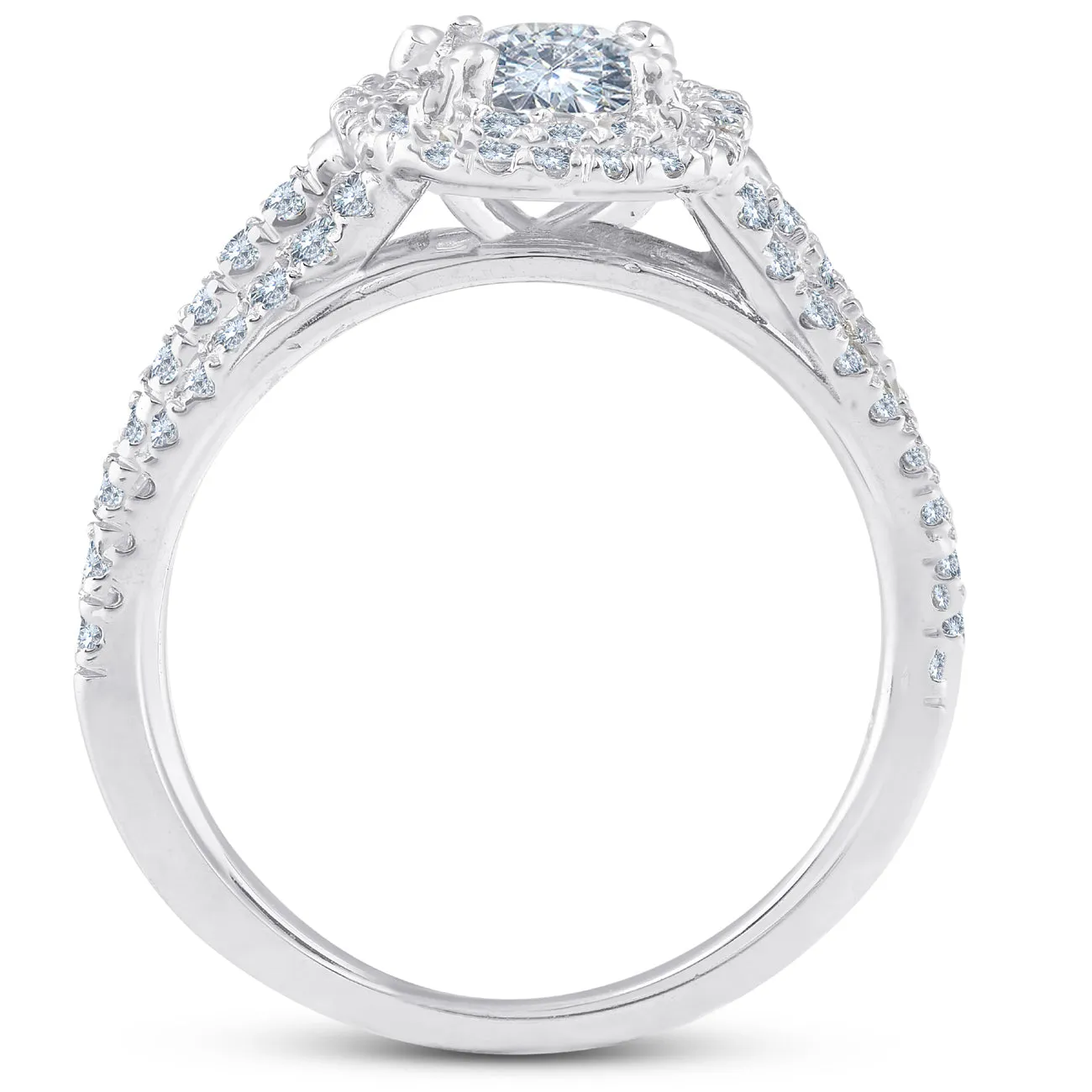 Stunning 1.75 Ct Diamond Cushion Halo Engagement Ring and Wedding Band Set in White Gold