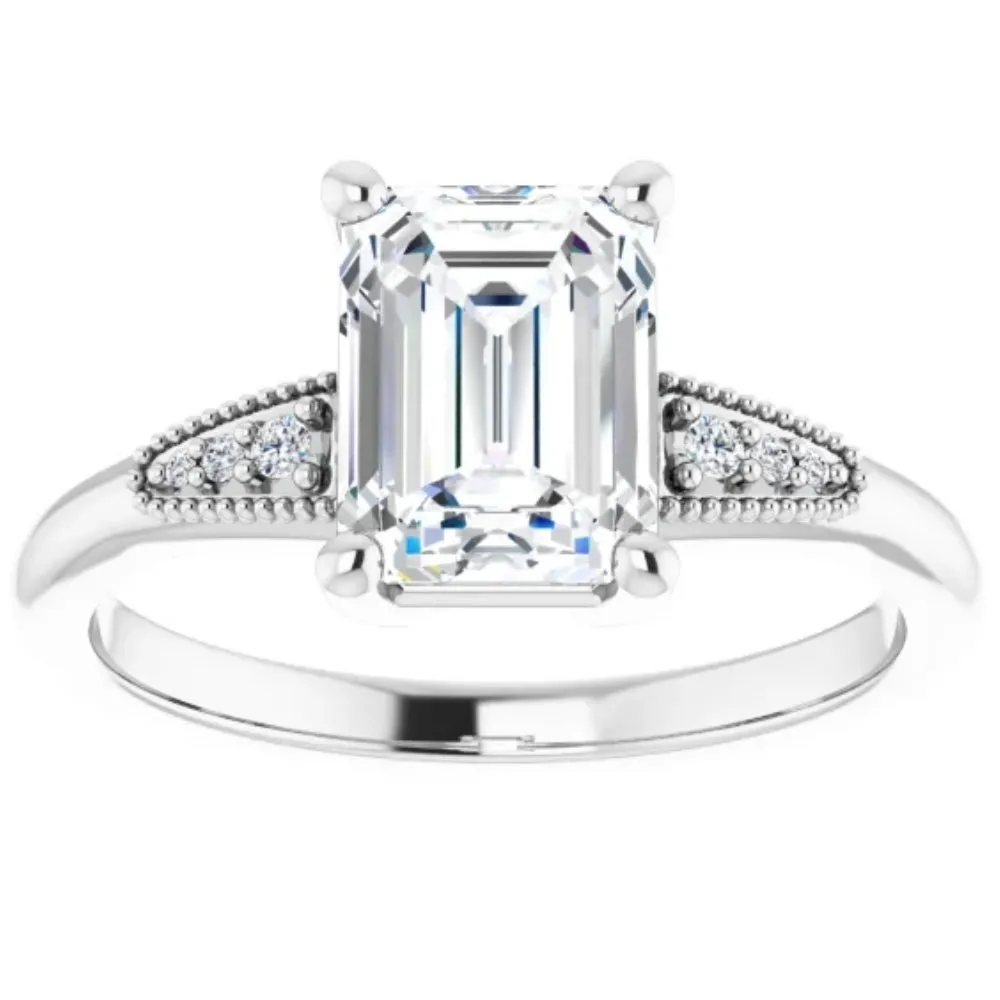 1 3/4Ct Diamond & Emerald Cut Moissanite Vintage Engagement Ring White Gold