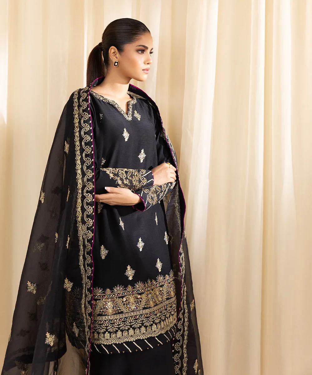 3 Piece -  Embroidered Raw Silk Suit