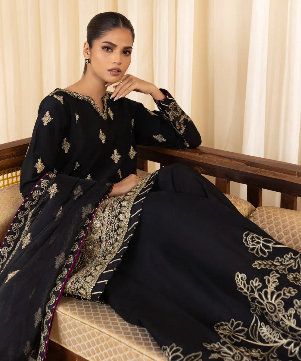 3 Piece -  Embroidered Raw Silk Suit