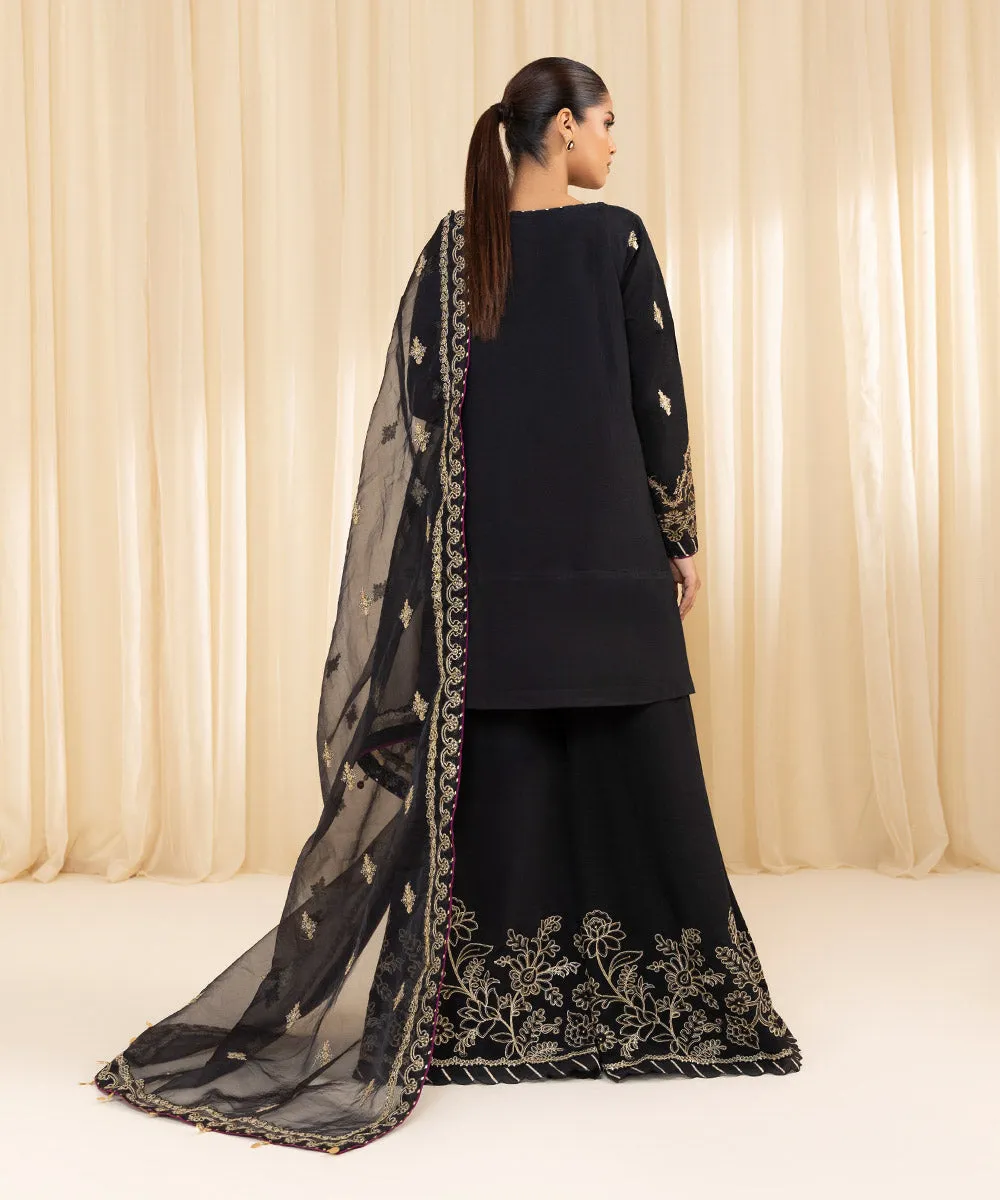 3 Piece -  Embroidered Raw Silk Suit