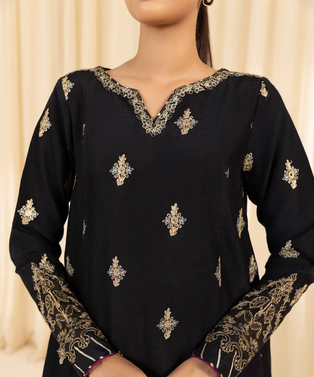 3 Piece -  Embroidered Raw Silk Suit