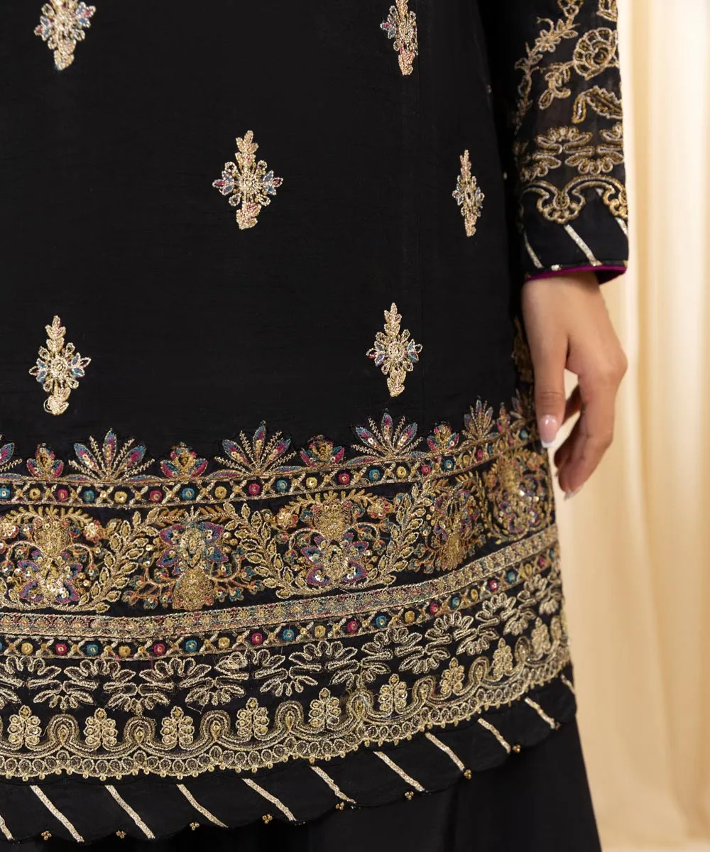 3 Piece -  Embroidered Raw Silk Suit