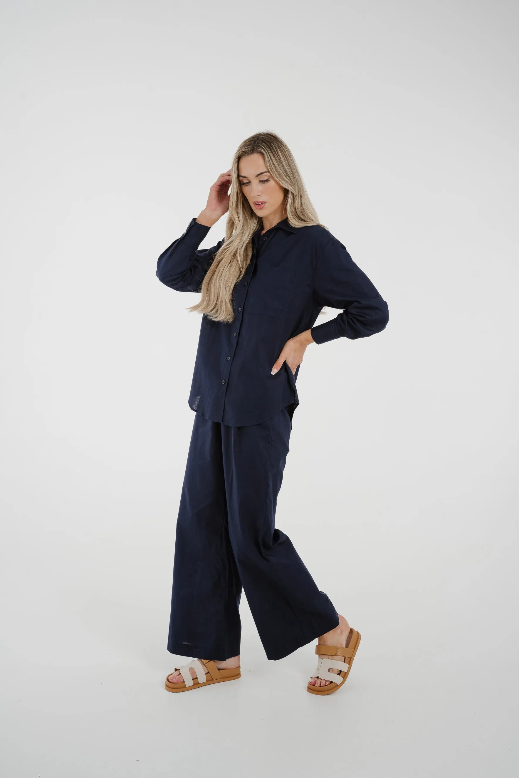 Arabella Linen Mix Trousers In Navy