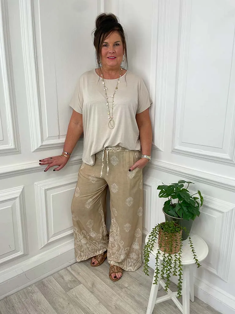 Baroque Wide Leg Trousers - Sand