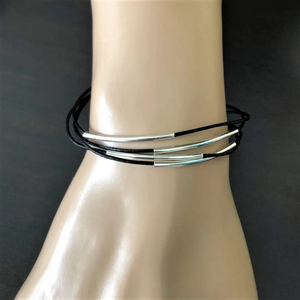 Black Leather Multi Strand and Silver Tube Bracelet