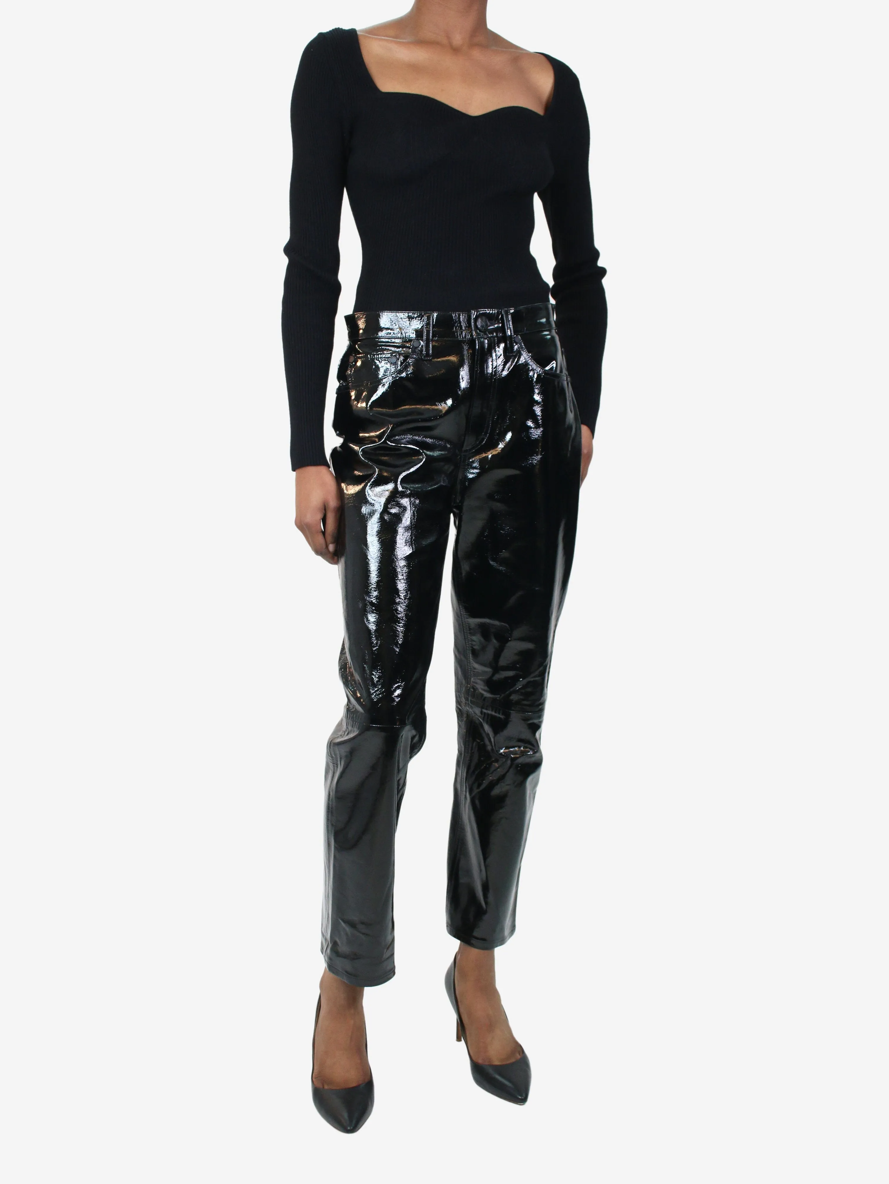 Black patent straight-leg trousers - size W26