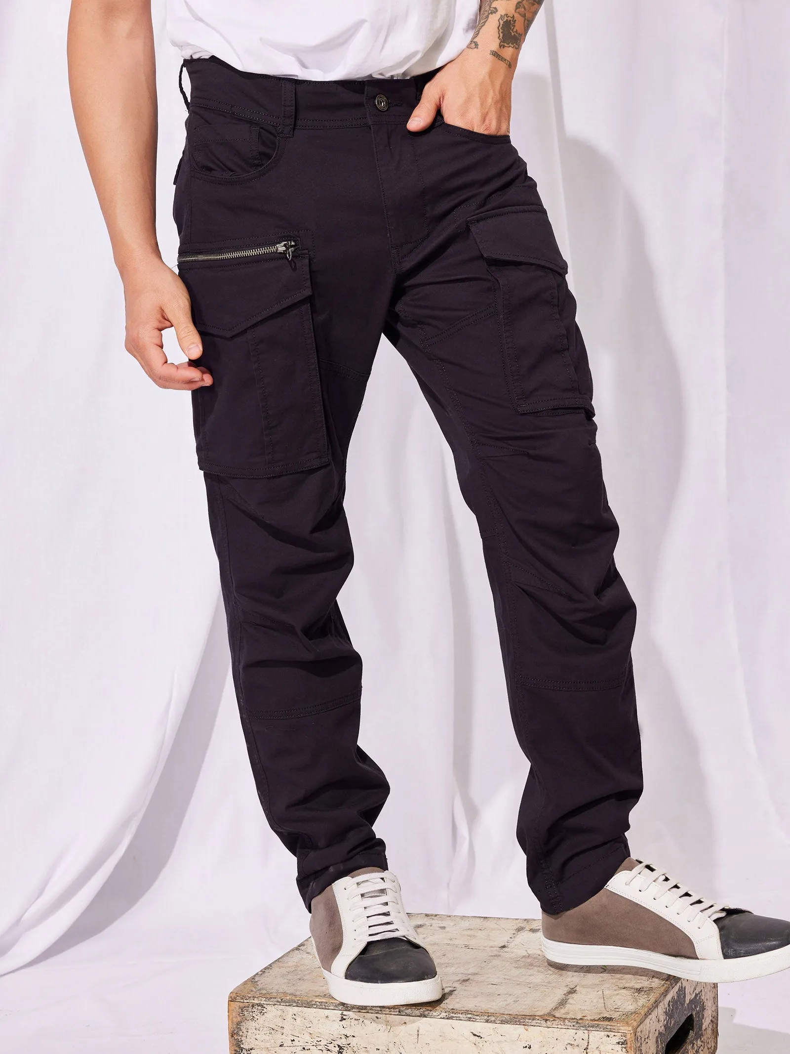 Black Stretch Relax Fit Cargo Trouser