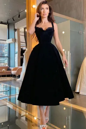 Black sweetheart velvet prom dress tea length black evening dress