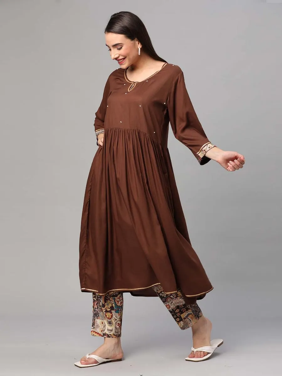 Brown Floral Printed Kurta Trouser Dupatta