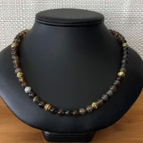 Brown Line Agate Mens Beaded Necklace