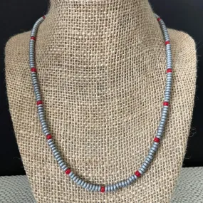 Concrete Gray Hematite Matte and Red Beaded Mens Necklace