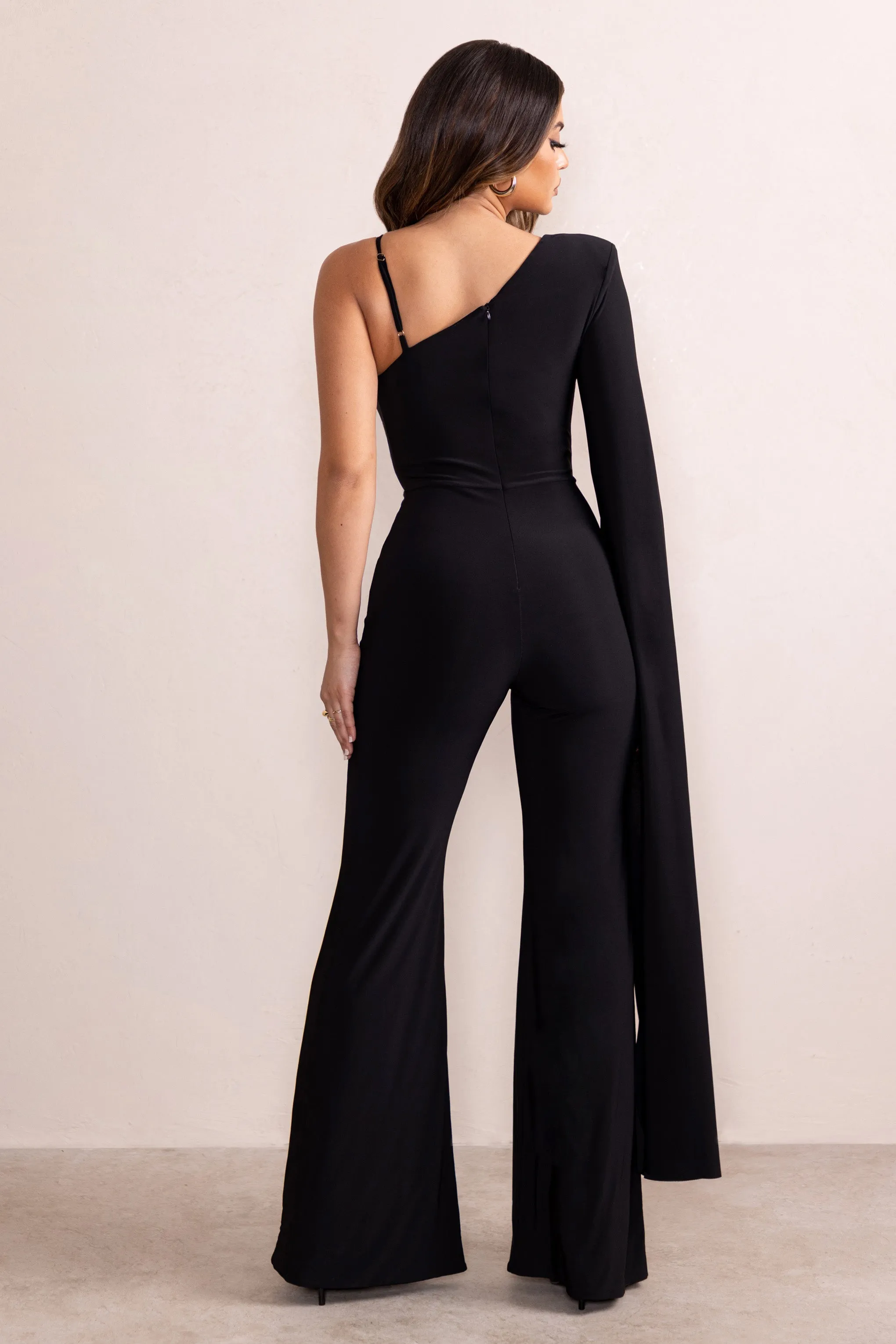 Dionne | Black Plunge Front One Shoulder Jumpsuit With Cape Sleeve