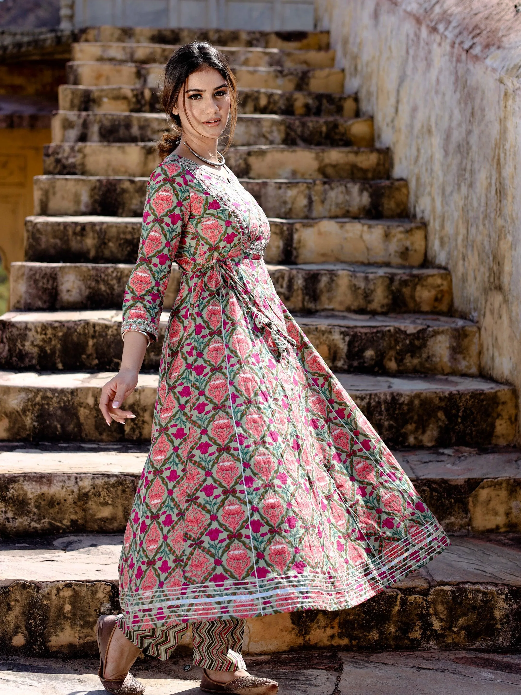 Divena Green Floral Printed Anarkali Kurta Pant Sets