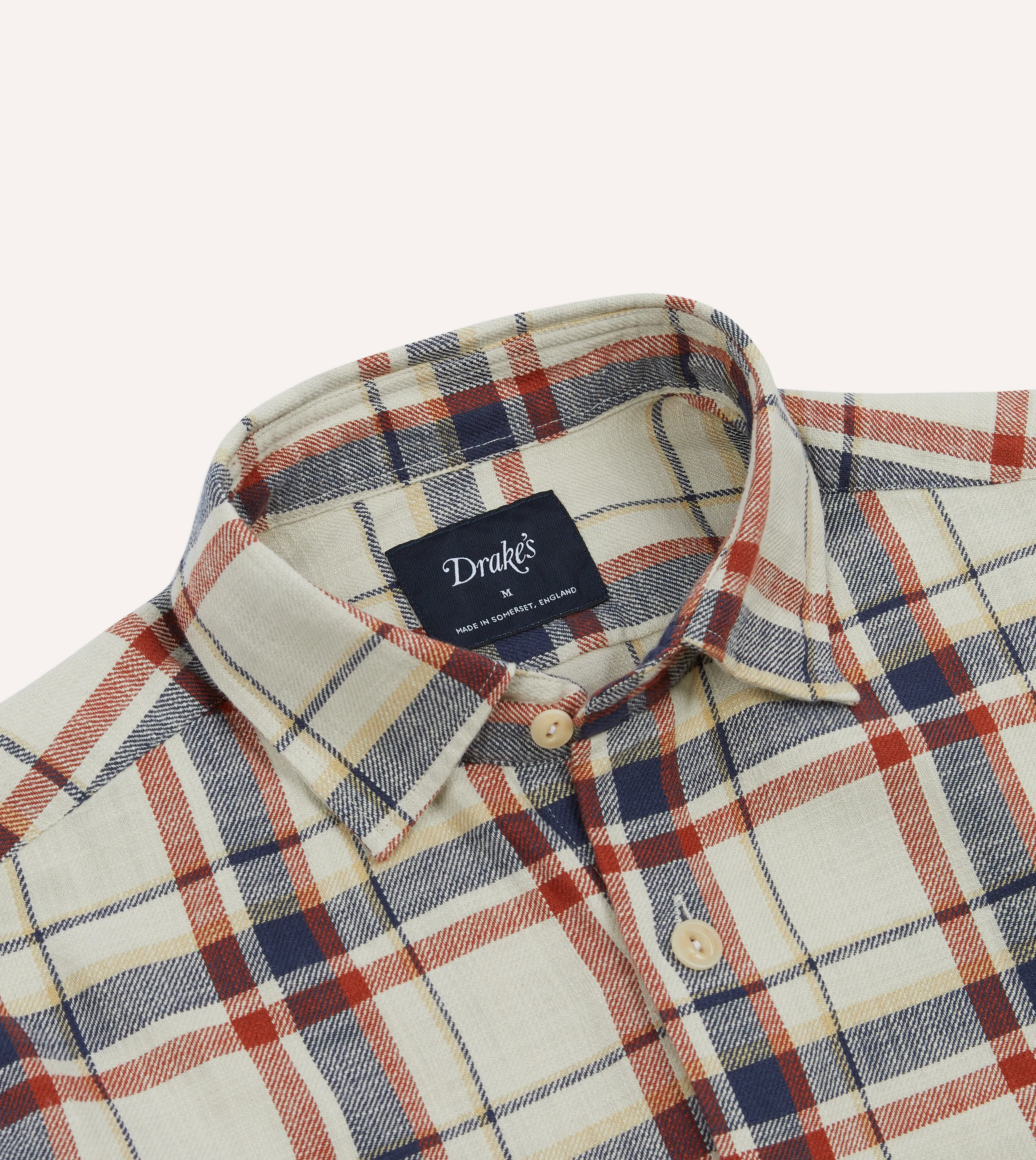 Ecru, Navy and Red Check Slub Cotton Two-Pocket Work Shirt