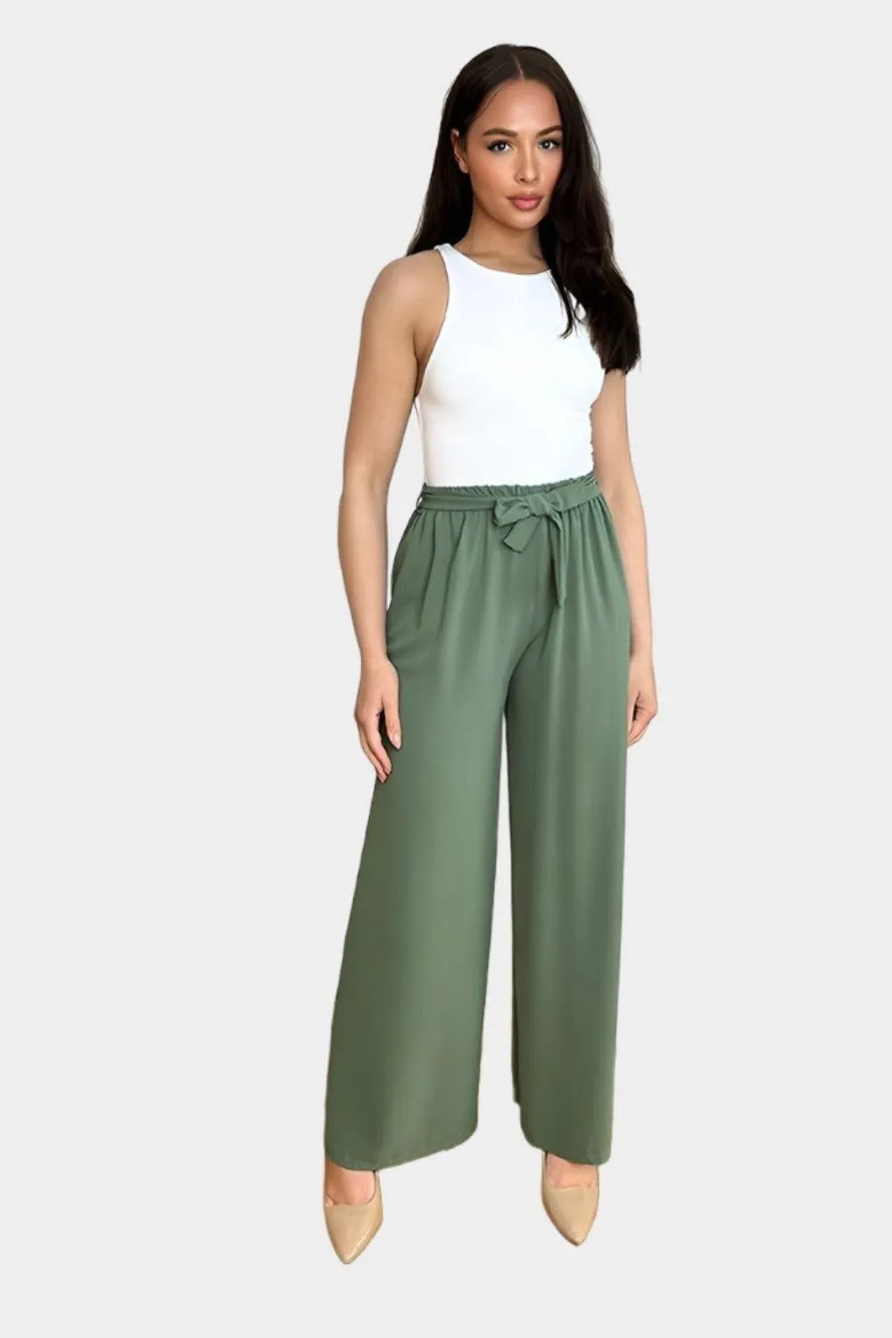 Elastic Waist Tie Wide Leg Trousers