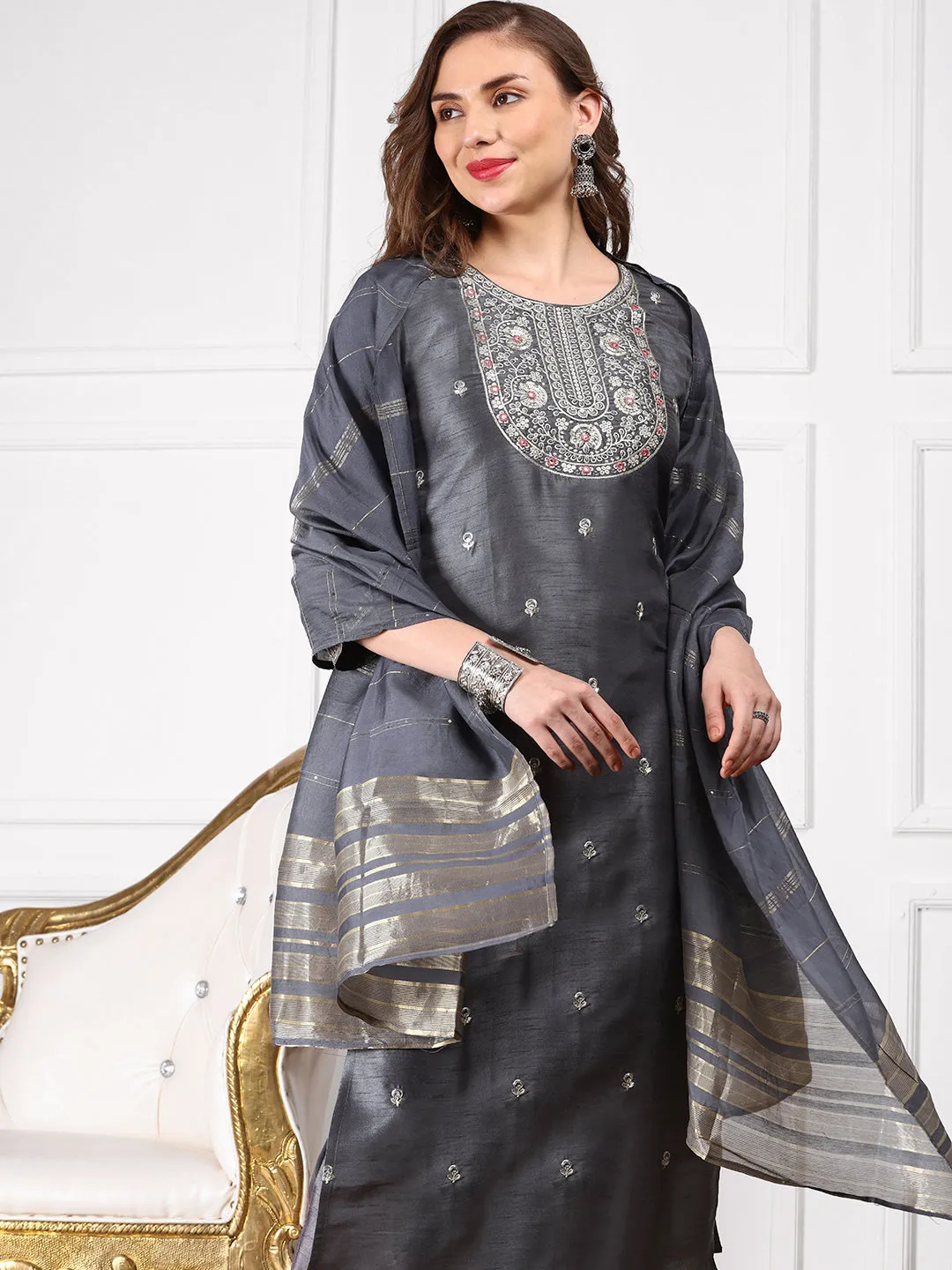 Ethnic Motifs Embroidered Straight Thread Work Kurta with Trousers & Dupatta