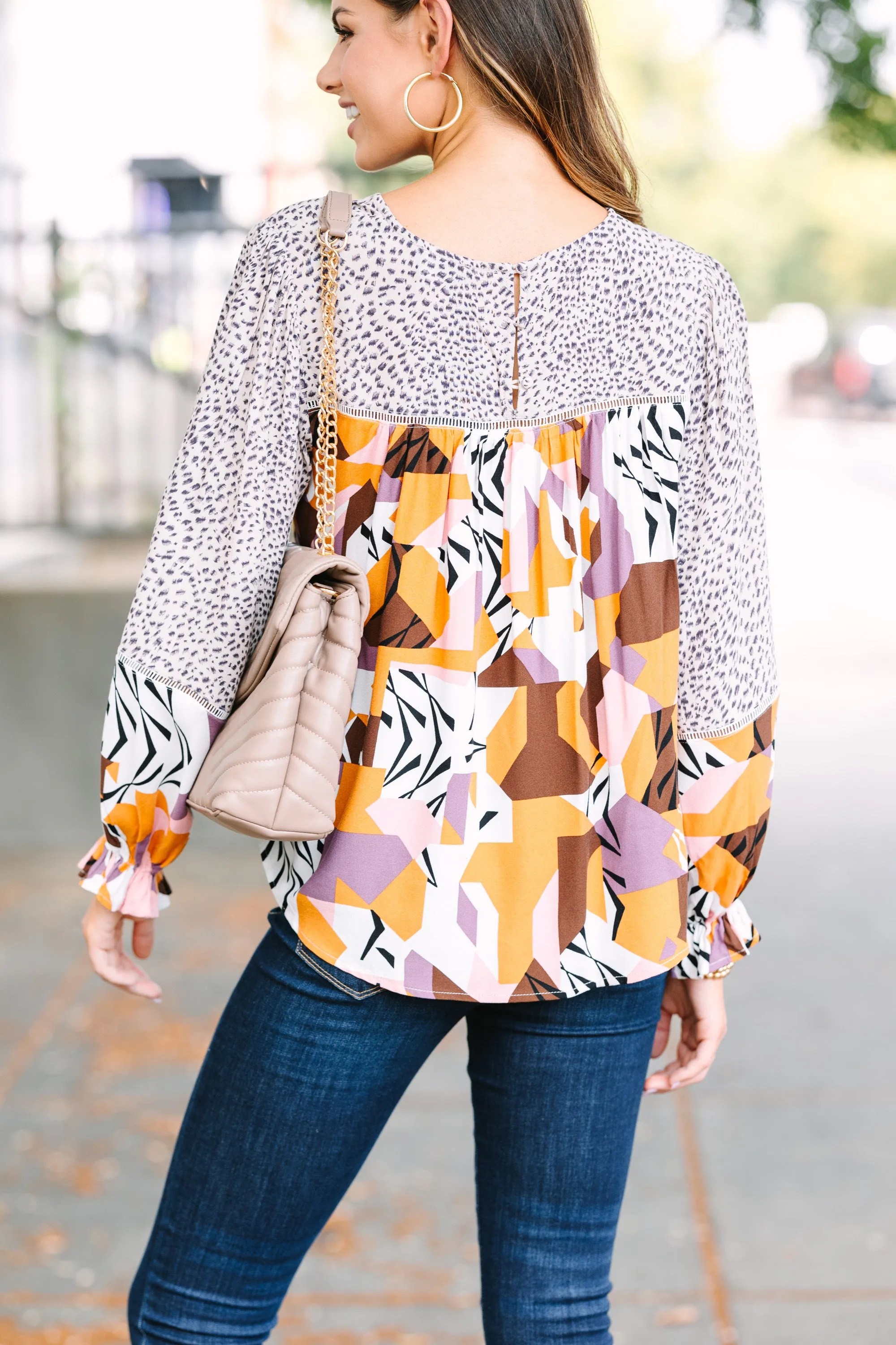 Fate: All You Can Do Taupe Brown Mixed Print Blouse