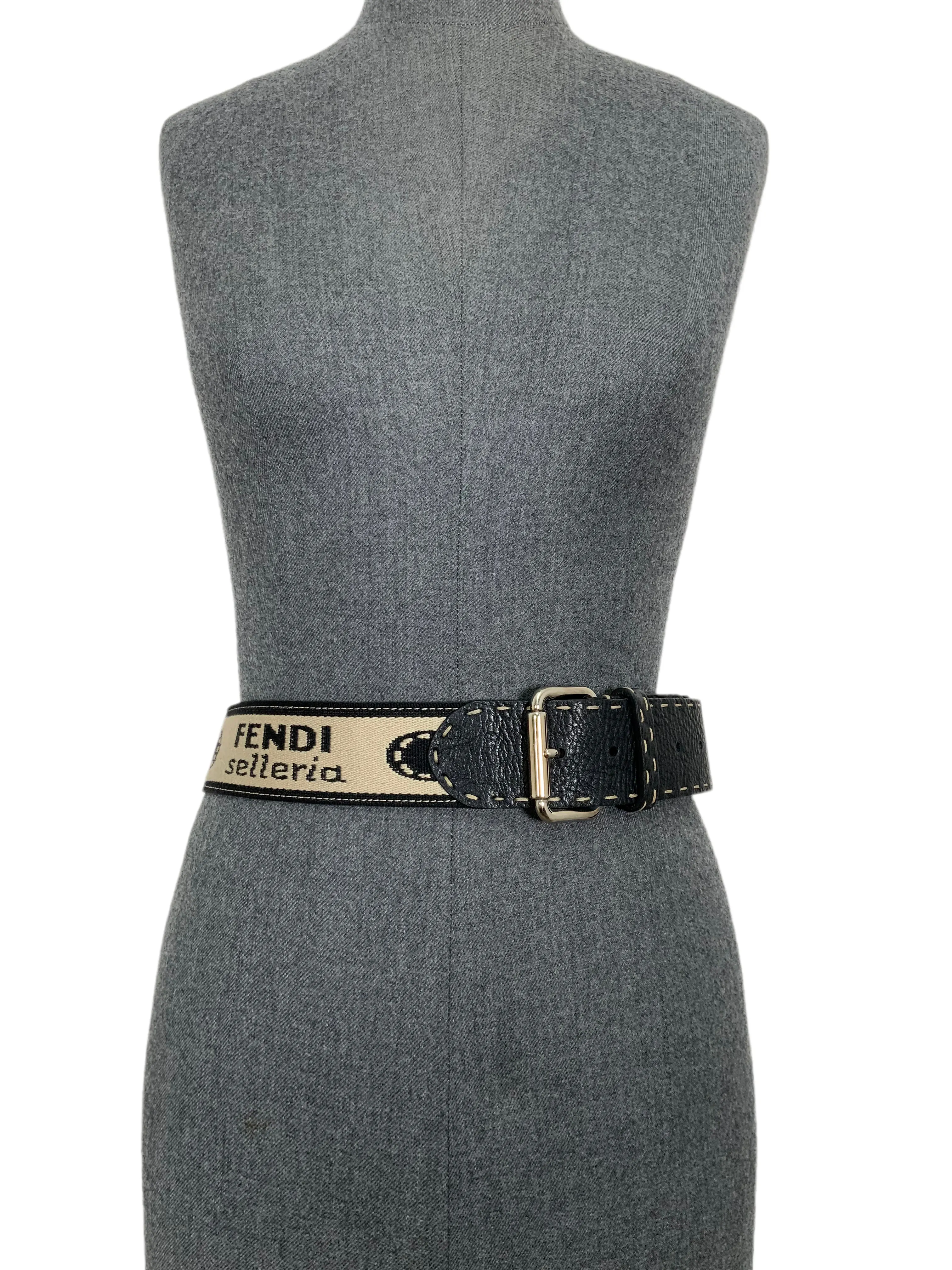 FENDI Selleria Leather and Canvas Logo Belt Size 80