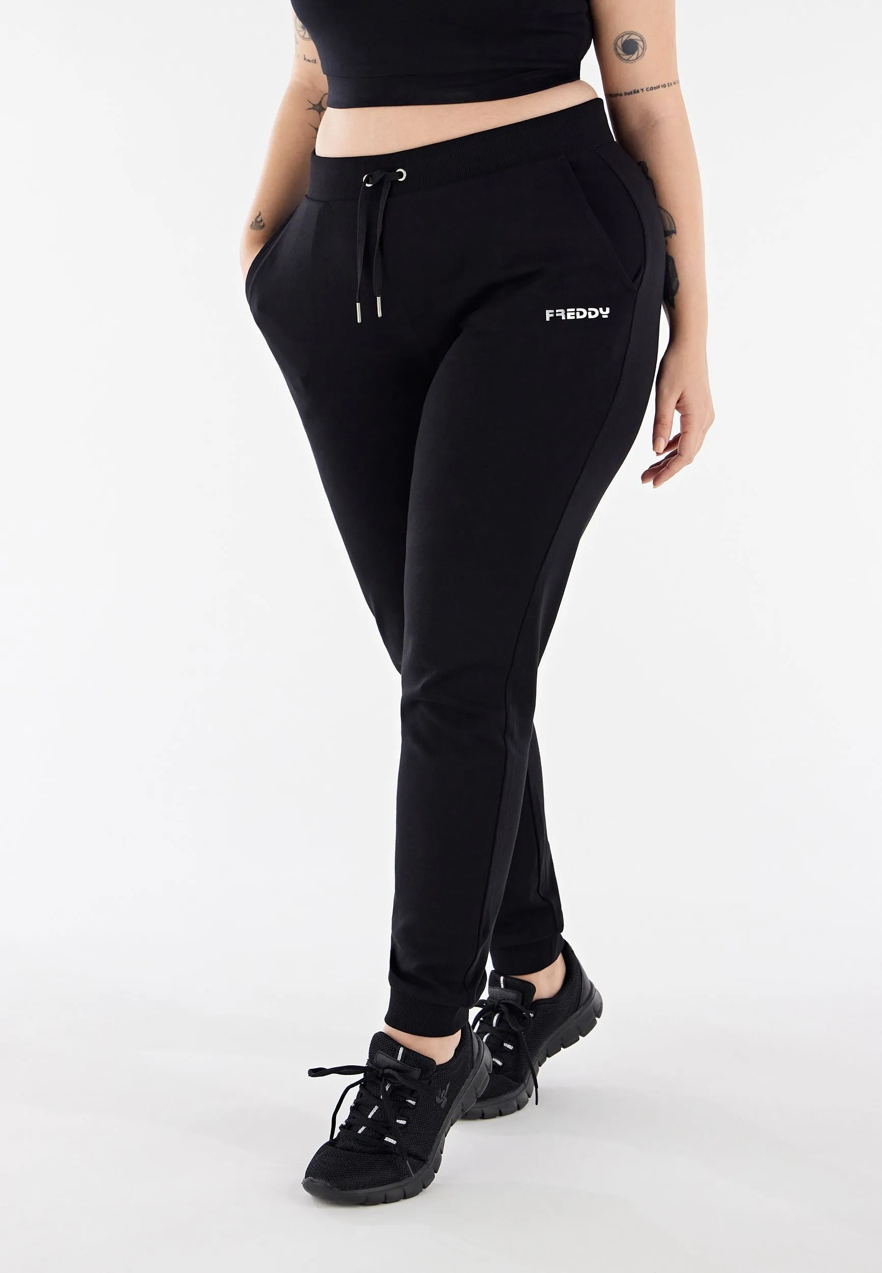 Freddy interlock sports trousers with silver print and bottom with cuff S3WBCP8 N black