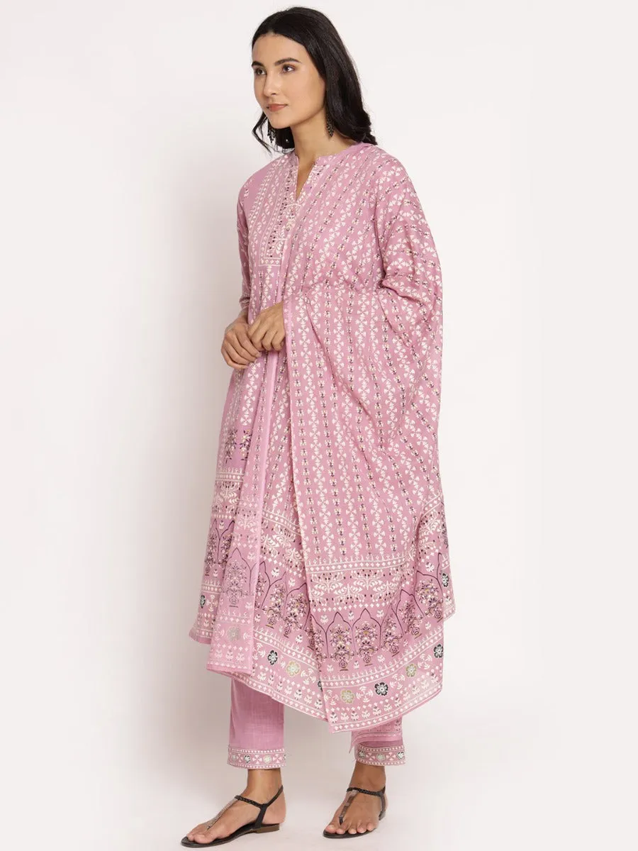 Lilac Ornamental Printed Kurta Trouser Dupatta