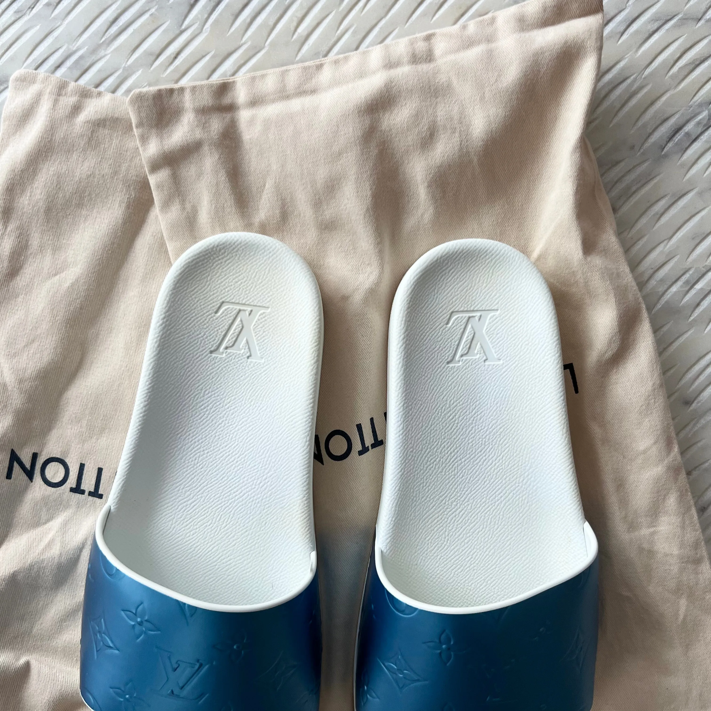 Louis Vuitton Iridescent Rubber Monogram Mens Waterfront Mules