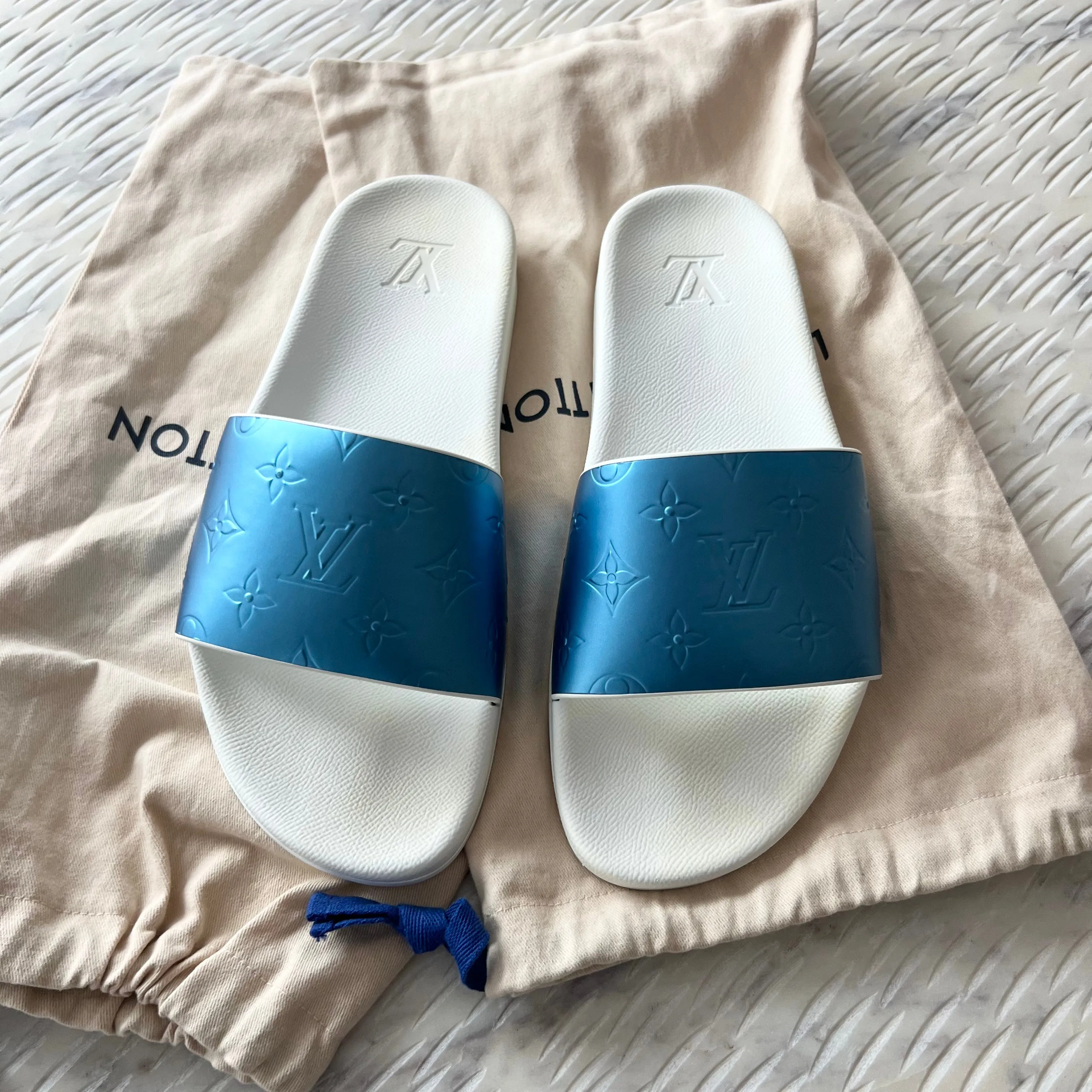 Louis Vuitton Iridescent Rubber Monogram Mens Waterfront Mules