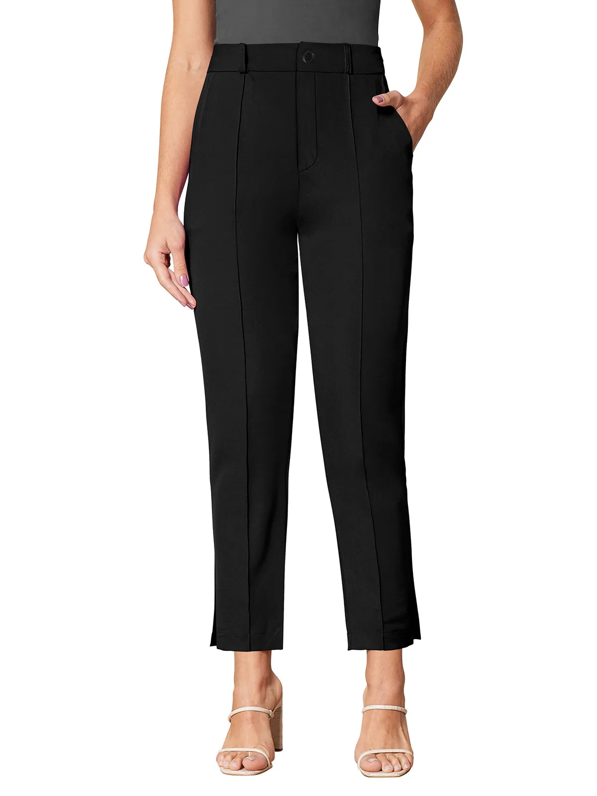 Odette Black Polyester Solid Trouser For Women