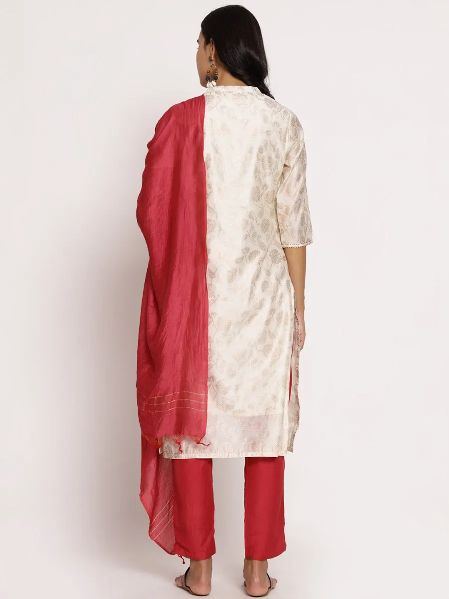 Off White Floral Printed Kurta Trouser Dupatta