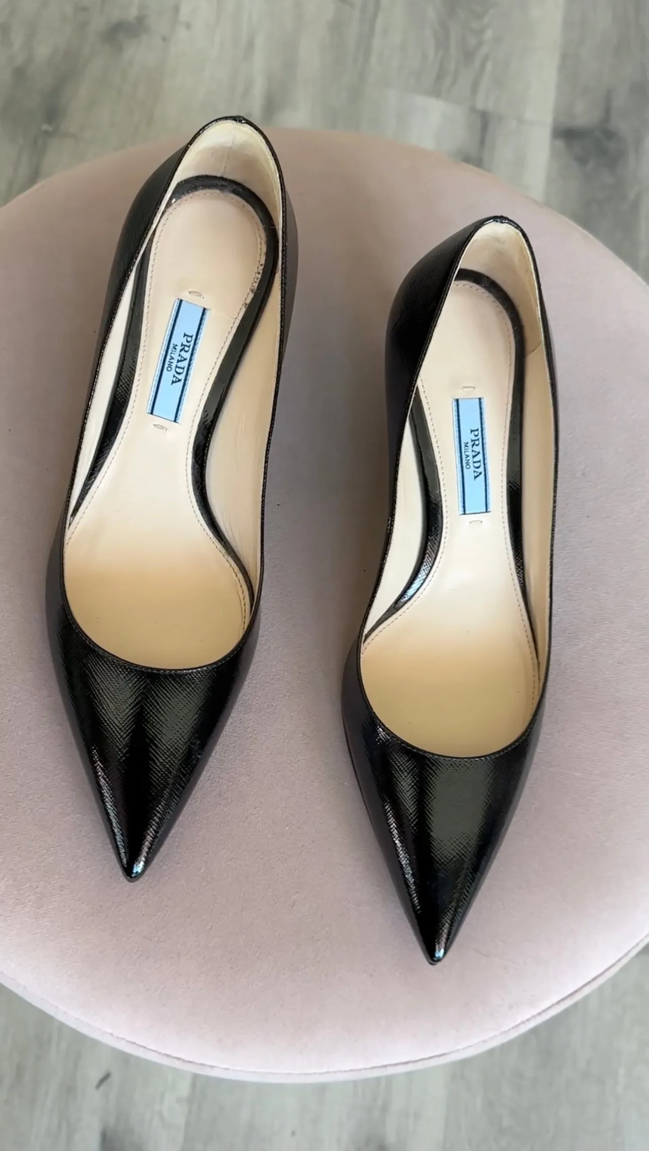 Prada Black Shiny Saffiano Leather Kitten Heel Pumps - 36