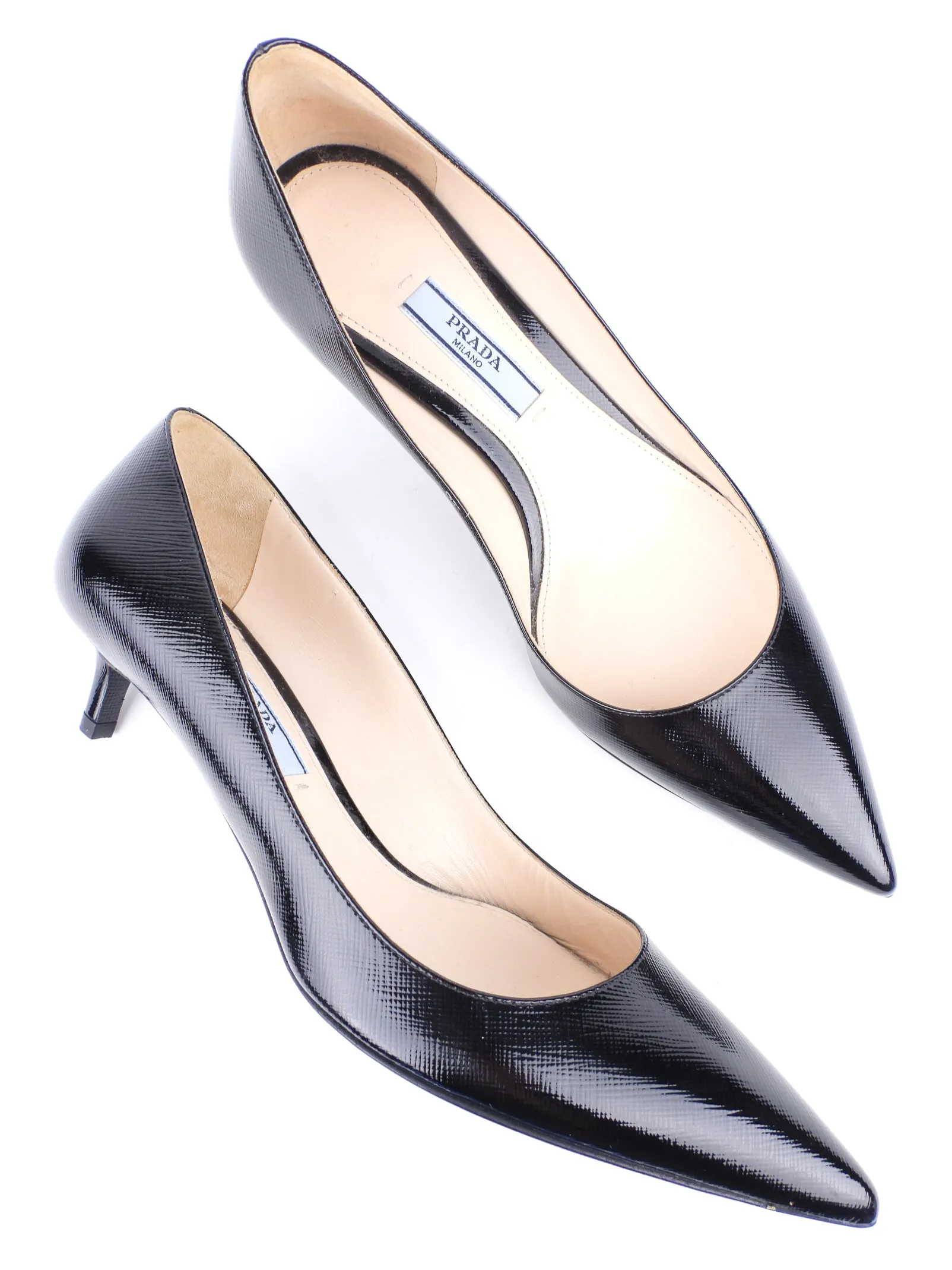 Prada Black Shiny Saffiano Leather Kitten Heel Pumps - 36