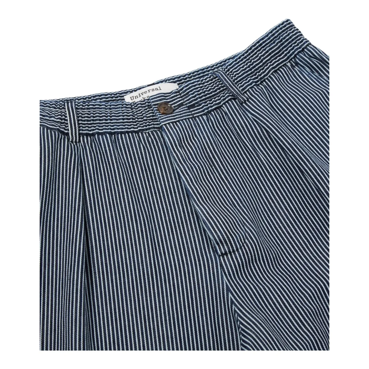 Universal Works Pleated Track Pant 30546 hickory stripe denim indigo