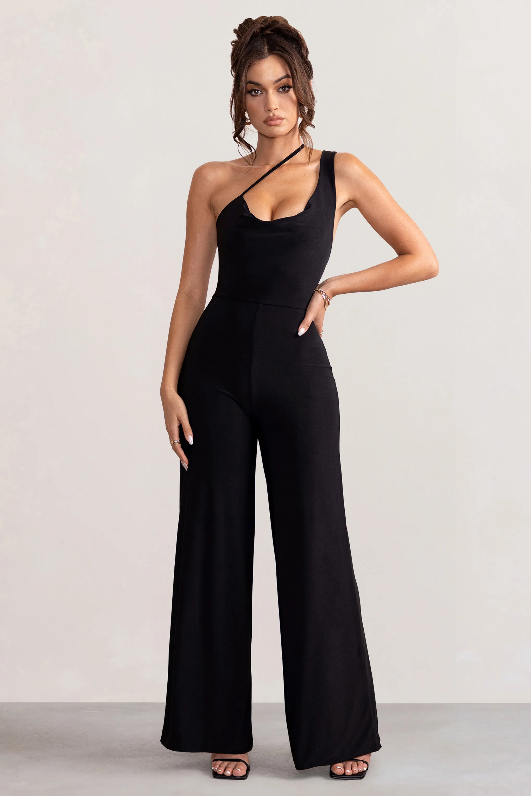 Vienna | Black Asymmetric Cowl Neck Wide Leg Jumpsuit With Open Back Detail