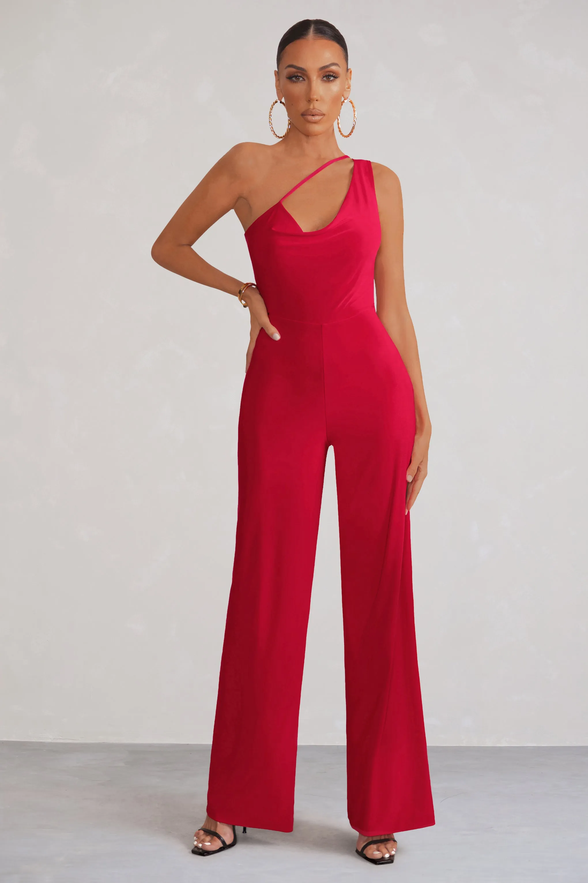 Vienna | Red Asymmetric Cowl Neck Wide Leg Jumpsuit With Open Back Detail