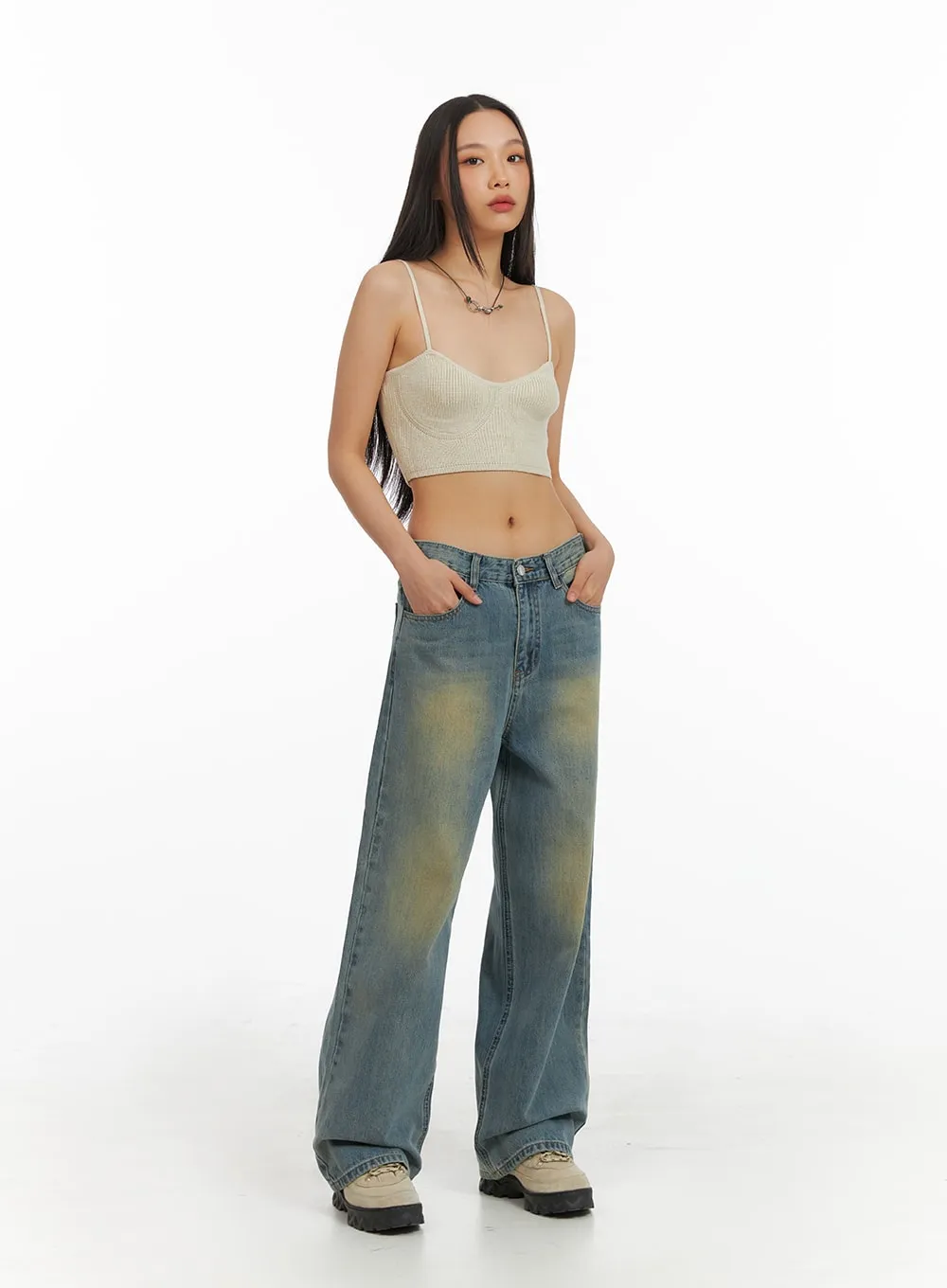 Washed Denim Wide Leg Jeans IA417