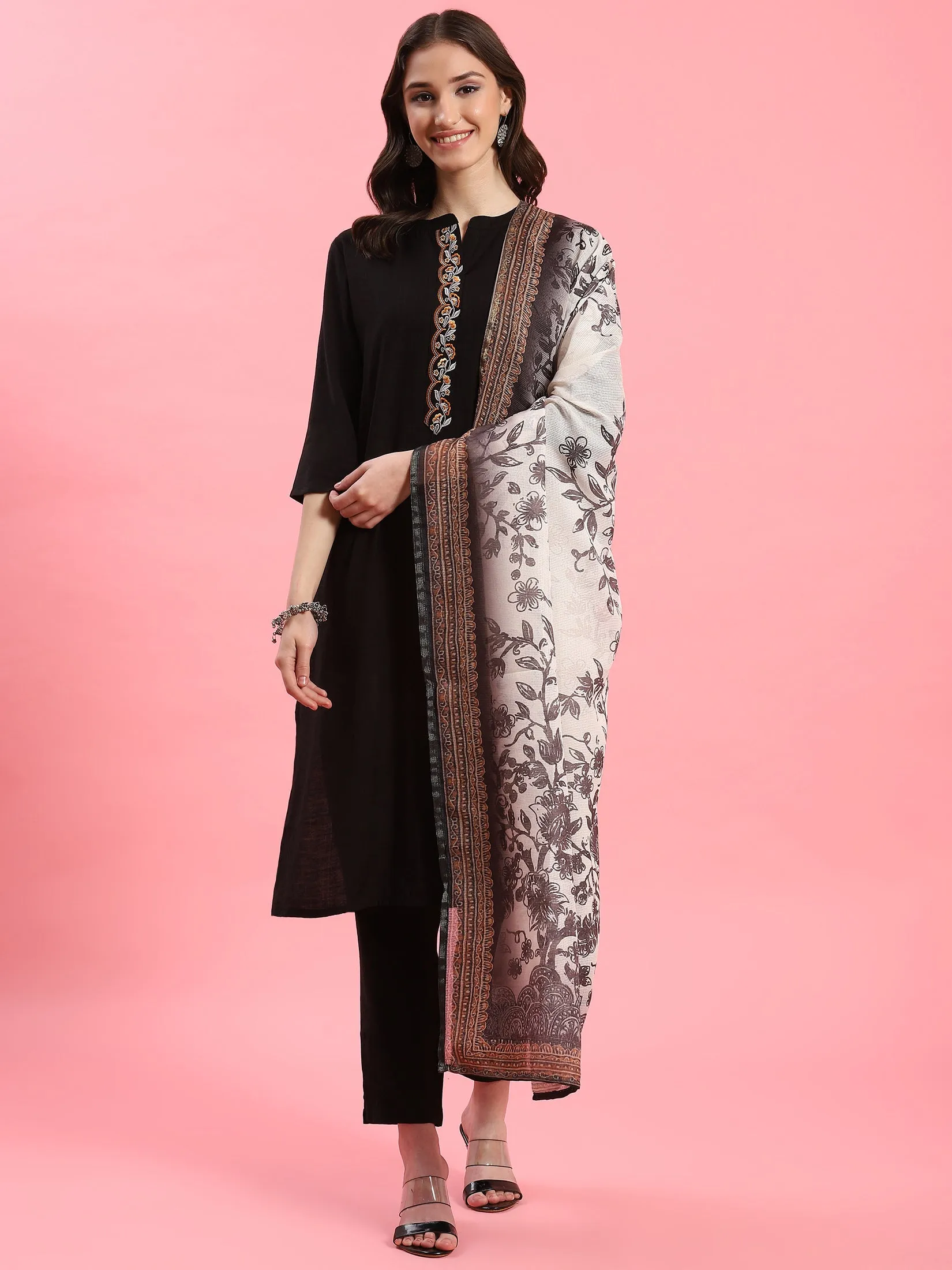 Women Black Solid Kurta Trouser Dupatta